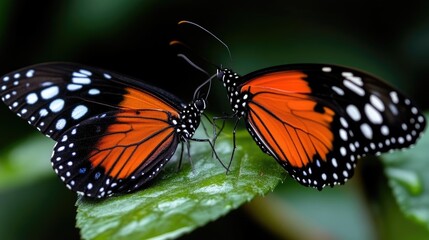 Naklejka premium Two vibrant butterflies, orange and black, rest on a leaf. Close-up view of intricate wing patterns