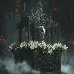 Ornate reliquary with organic forms and floral arrangements in dimly illuminated hall