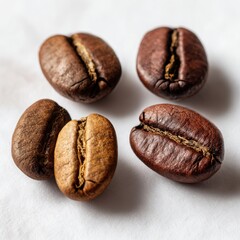 Obraz premium Five coffee beans close up shot on white background