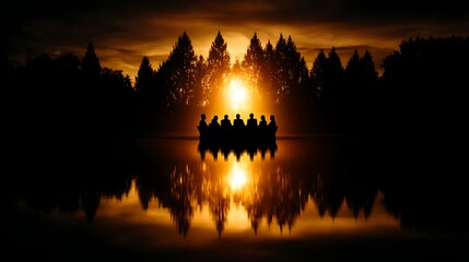 Obraz premium Reflections of a Silent Gathering in the Lake at Dusk Beneath Trees Silhouette and Golden Skies.