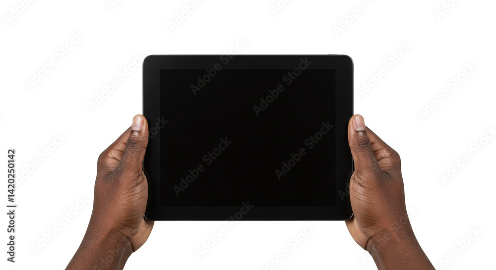Wall mural hands holding black screen tablet device for technology display and digital interface use isolated o