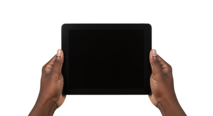Hands holding black screen tablet device for technology display and digital interface use isolated on transparent background