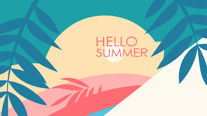 Fototapeta premium Hello summer postcard with sunset and palm trees