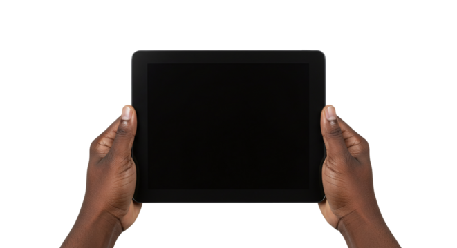 Hands holding black screen tablet device for technology display and digital interface use isolated on transparent background - Powered by Adobe