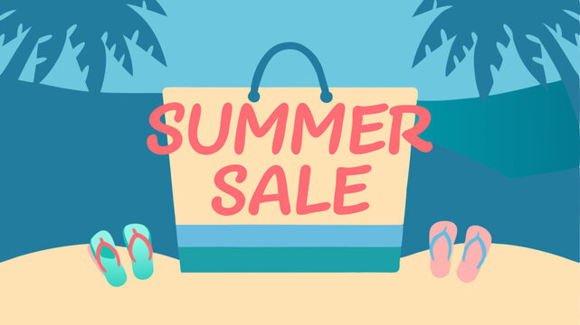 Summer sale banner with beach illustration and palm trees