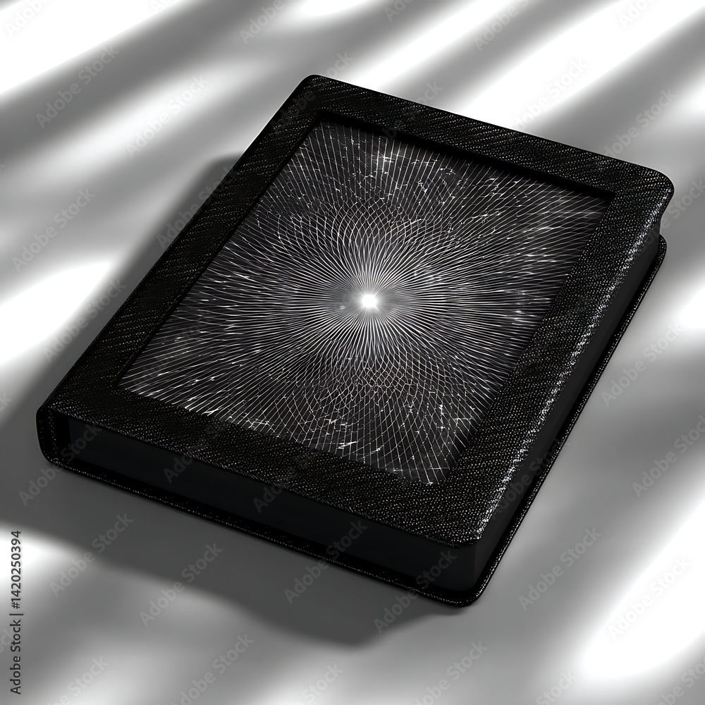 Poster reflective interstellar surface radiating light within geometric boundary of solid rectangular form