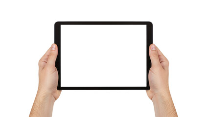 Hands holding digital tablet device with blank white screen for mockup template isolated on transparent background