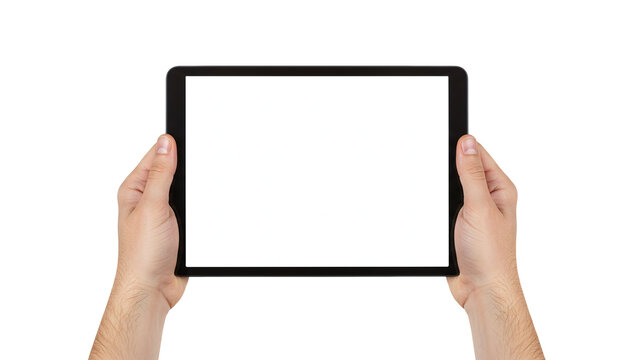 Hands holding digital tablet device with blank white screen for mockup template isolated on transparent background