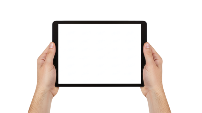 Hands holding digital tablet device with blank white screen for mockup template isolated on transparent background