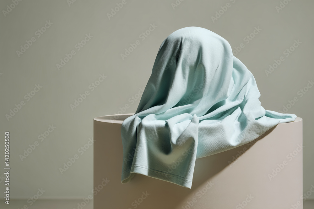 Poster light-blue fabric draped over a beige cylinder, showcasing texture and creating a minimalist scene, 