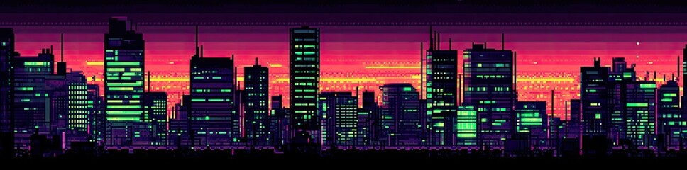 Pixel art cityscape at sunset, vibrant colors, various building heights