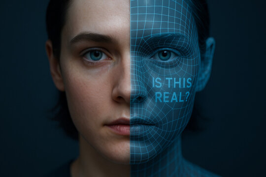 Split face showing real person and AI overlay with 'Is this real?' question, identity and deepfake concept