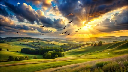 An Expansive Nature Scene in New York with Rolling Hills and Verdant Forests Under a Bright Sky

