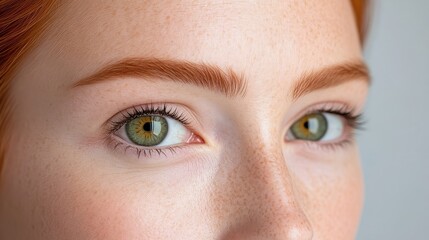 Fototapeta premium Womans Eyes Red Hair Close-Up Soft Natural Lighting Extreme Close-up View Freckles Detailed Skin Texture Natural Gaze Neutral Background Warm Peach Tones Beauty Skincare Ads