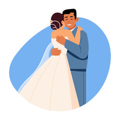 A couple hug on their wedding, flat style illustration