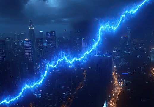 Night cityscape with dramatic lightning bolt shaped like a stock market graph