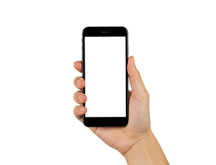 Hand holding mobile device with blank screen for app presentation and mockup use isolated on transparent background