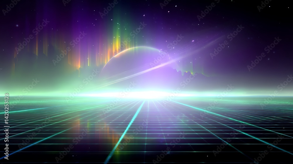 Wall mural retro synthwave horizon with ringed planet and aurora display abstract nightscape scifi art.