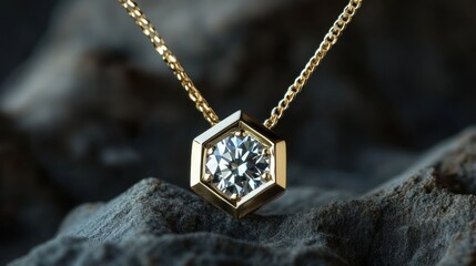 Fototapeta premium Elegant gold necklace with diamond on textured rock
