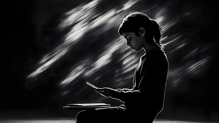 Girl Reading in Low Light: A young girl engrossed in reading a book, her silhouette highlighted against a dark background with dramatic lighting.
