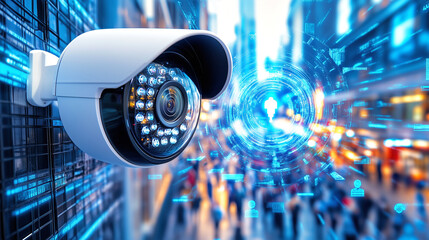 A security camera is focused on a bustling city street filled with pedestrians at night. Digital data elements are overlaid, highlighting enhanced surveillance capabilities in urban environments