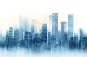 Misty cityscape skyline, modern architecture, urban scene