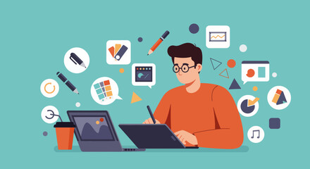 Fototapeta premium Creative man working on laptop with design elements in background 