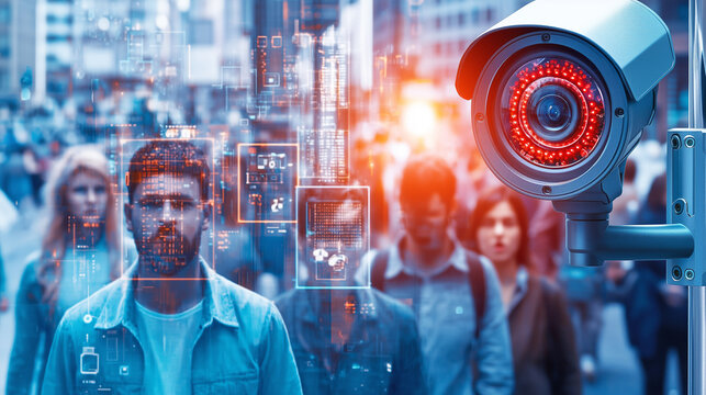 A surveillance camera with a bright red light focuses on a crowd of pedestrians in a vibrant urban area, highlighting the intersection of digital technology and daily life during the day
