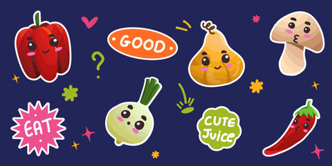Vegetable character stickers for cooking, cute emoji face showing emotions, vector illustration of mushrooms, bell peppers, chili, gourds, radishes, fun and cute background.
