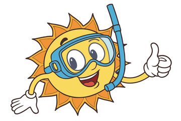 31 Cartoon sun character, smiling face, blue snorkel mask, snorkel tube, thumbs up gesture, bright yellow and orange colors, cheerful expression, big eyes, white glove, summer vacation theme, vector i
