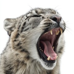 Obraz premium Yawning snow leopard close up portrait on white background