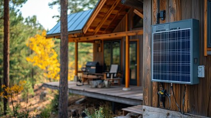 Fototapeta premium Close up of off-grid energy setup including battery storage, inverter, and solar panels on a remote micro home cabin 