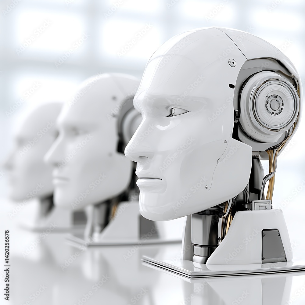 Poster Row of Artificial Intelligence Heads Modern Technology and Future of Robotics Machine Learning.