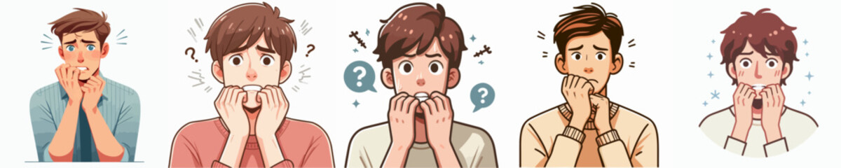 Vector collection of a person biting nails with a worried, scared expression