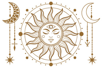 33 Intricate sun face illustration, golden gradient, ornate solar rays, mystical celestial design, decorative hanging elements, arrows and circles, dotted details, symmetrical composition, white backg