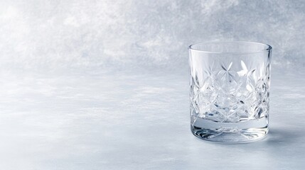 Empty crystal tumbler on a light blue background