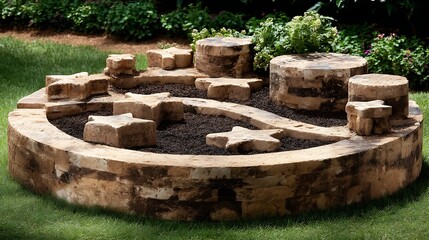 Rustic Garden Feature with Star Embellishments and Circular Stone Design amidst Greenery Outdoors.