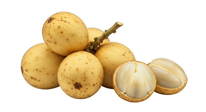 A group of light yellow langsat fruits, whole and cut in half, displays the interior segments.