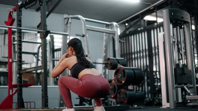 Muscular fitness model performing intense squats with determination, showcasing strength and athletic form during rigorous gym training session