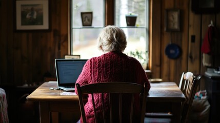 A woman sitting at a wooden table looks pensively out of a window, with her chin resting on her hand.