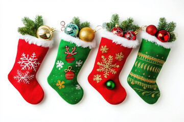 Colorful Christmas stockings filled with festive decorations isolated on a white background for a cheerful holiday feel
