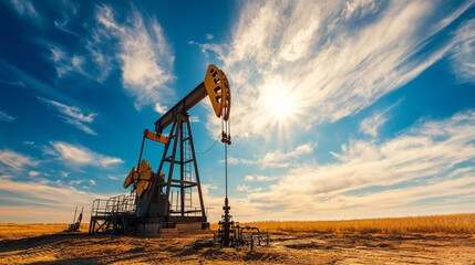Fototapeta premium A large oil rig is in the middle of a field with a bright sun shining down on it