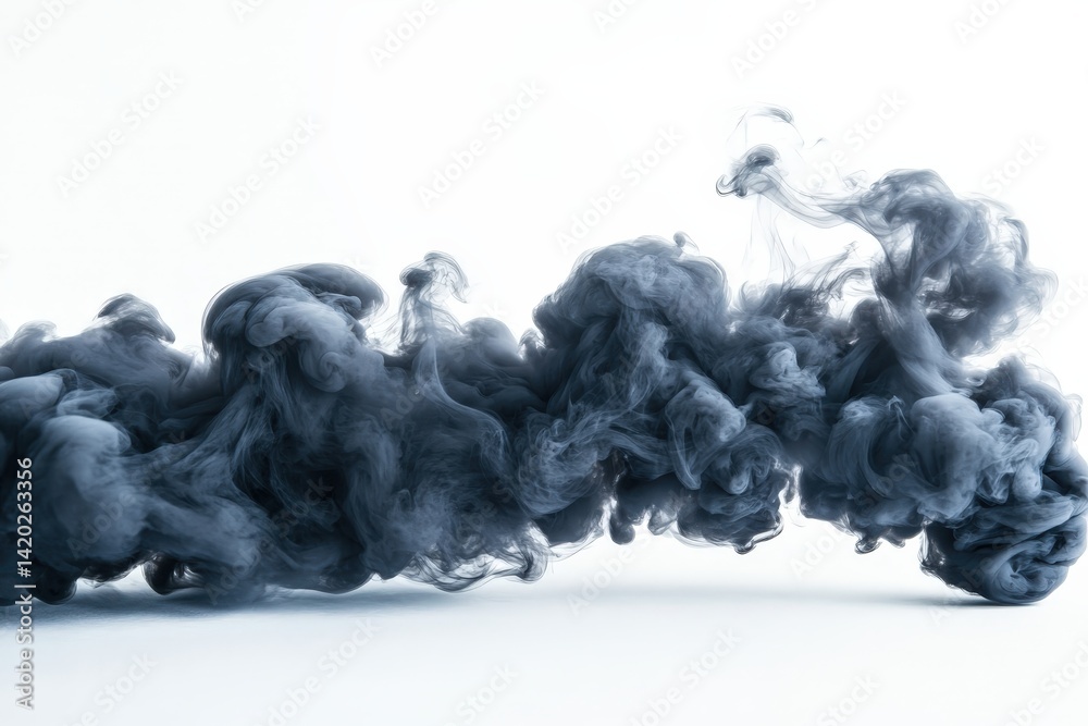 Poster dark swirling smoke creates an abstract formation against a white background, illustrating the beaut