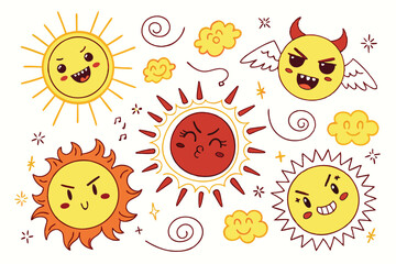 37 Sun emojis, cartoon expressions, yellow and red suns, diverse emotions, cute faces, hypnotic swirls, devil horns, angel halo, jester hat, colorful designs, vector art, kawaii style, mood indicators