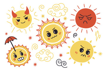 37 Sun emojis, cartoon expressions, yellow and red suns, diverse emotions, cute faces, hypnotic swirls, devil horns, angel halo, jester hat, colorful designs, vector art, kawaii style, mood indicators