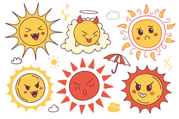 37 Sun emojis, cartoon expressions, yellow and red suns, diverse emotions, cute faces, hypnotic swirls, devil horns, angel halo, jester hat, colorful designs, vector art, kawaii style, mood indicators
