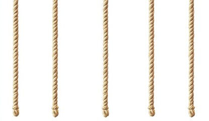 Five thick, beige ropes hang vertically against a white background.  Knotted ends visible