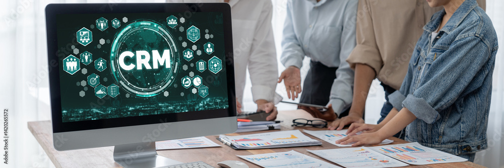 Poster Customer relationship management system on brisk computer for CRM business and enterprise