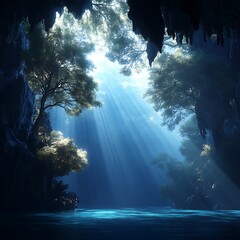 Obraz premium Serene Cavern Lake Illuminated by Divine Sunlight Rays Filtering Through Trees and Stalactites