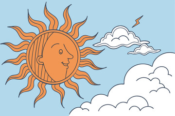 39 Bright orange sun, stylized flame-like rays, fluffy white clouds, cartoon weather icon, simple graphic design, vibrant colors, clear sky, partly cloudy, weather forecast symbol, vector illustration
